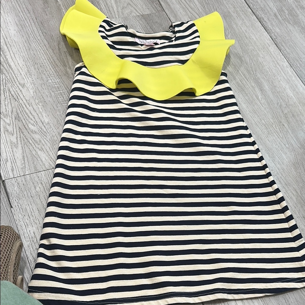 Halabaloo Navy and White Striped Dress with Yellow Ruffle